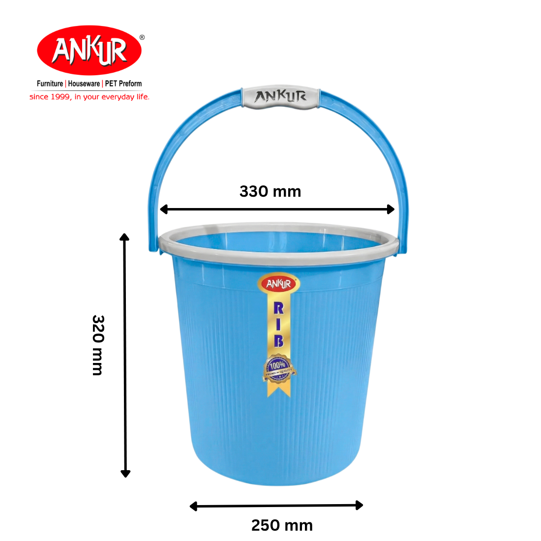 Ankur Rib 18 L Bucket Set with Patla & 1 L Mug (Set of 3)