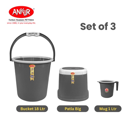 Ankur Rib 18 L Bucket Set with Patla & 1 L Mug (Set of 3)