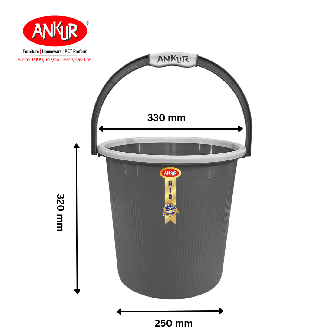 Ankur Rib 18 L Bucket Set with Patla & 1 L Mug (Set of 3)