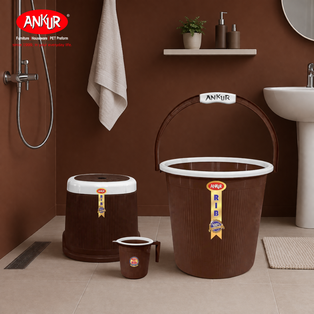 Ankur Rib 18 L Bucket Set with Patla & 1 L Mug (Set of 3)
