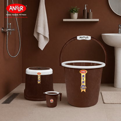 Ankur Rib 18 L Bucket Set with Patla & 1 L Mug (Set of 3)