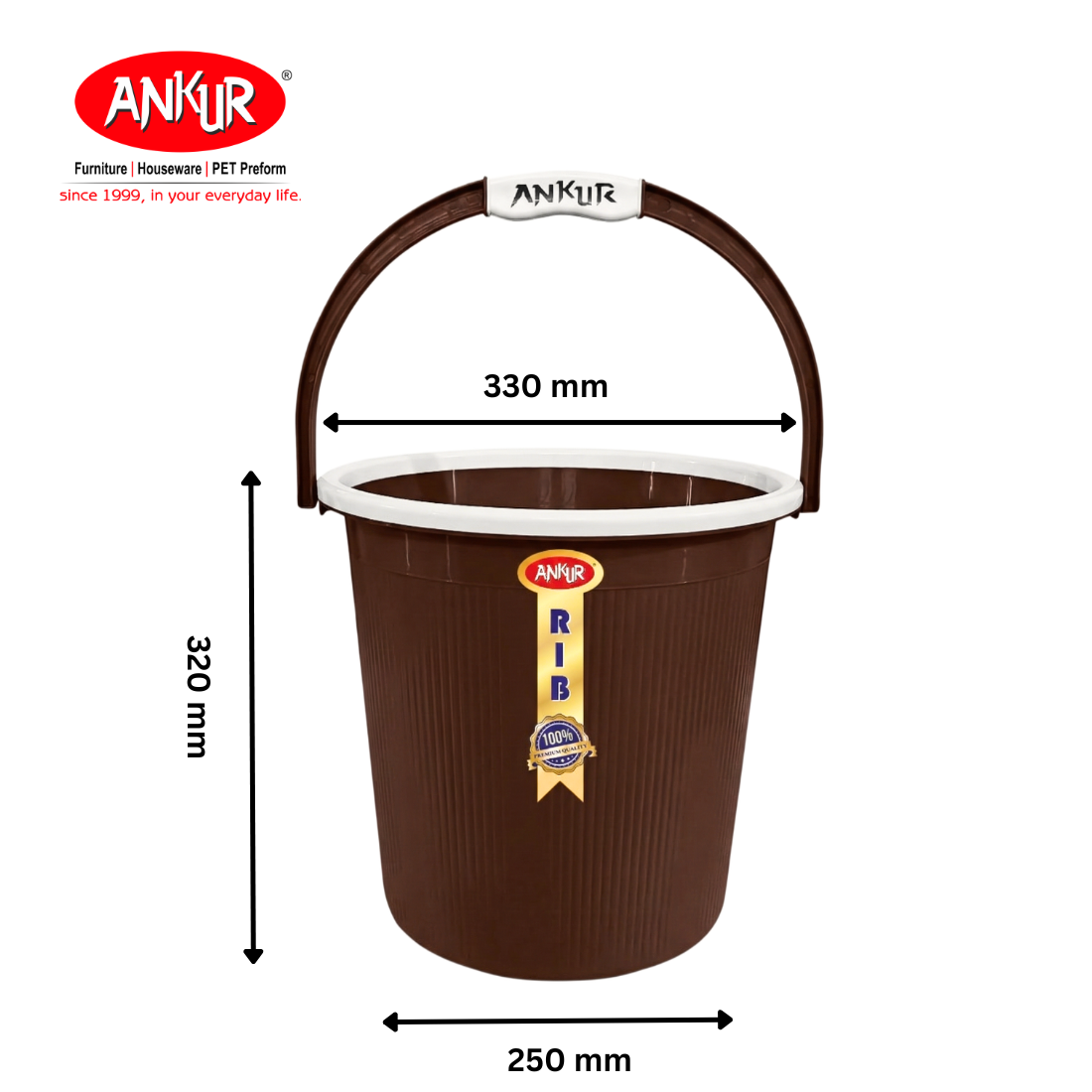 Ankur Rib 18 L Bucket Set with Patla & 1 L Mug (Set of 3)