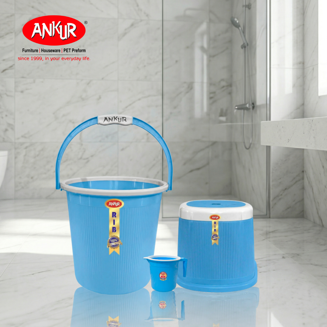 Ankur Rib 18 L Bucket Set with Patla & 1 L Mug (Set of 3)