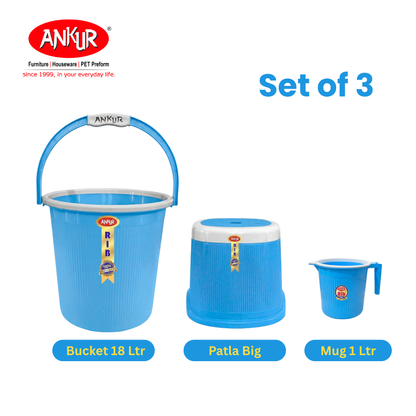 Ankur Rib 18 L Bucket Set with Patla & 1 L Mug (Set of 3)