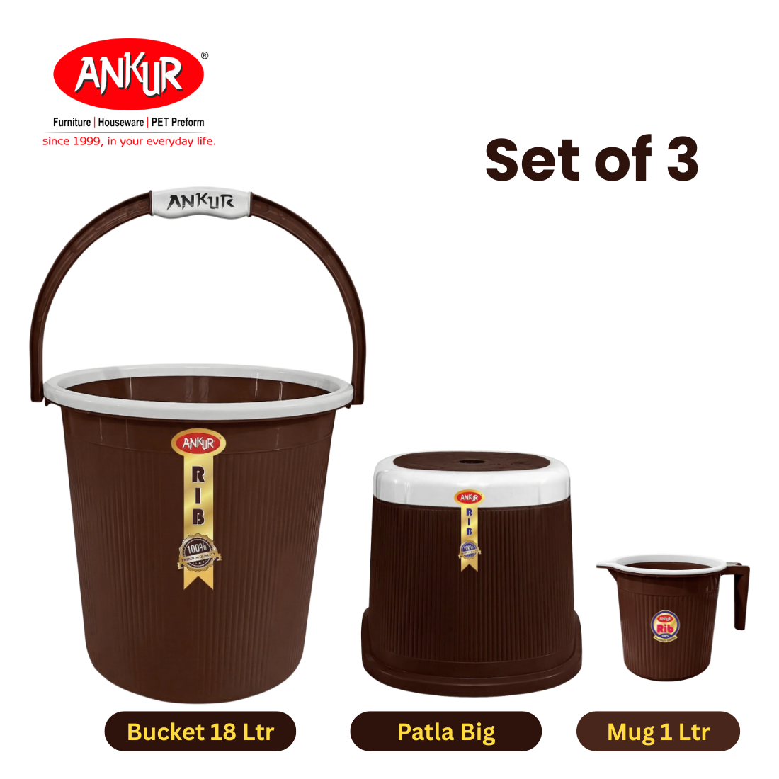 Ankur Rib 18 L Bucket Set with Patla & 1 L Mug (Set of 3)